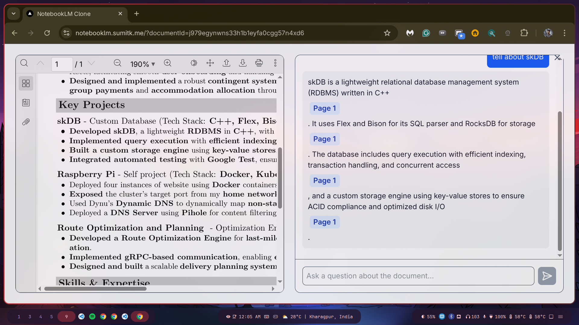 Screenshot of the NotebookLM clone showing a PDF viewer and chat interface